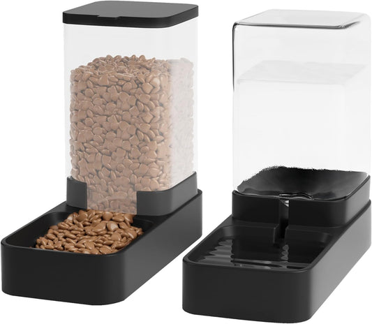 Automatic Cat Feeder and Water Dispenser in Set with Pet Food Bowl,Gravity Dog Waterer and Food Feeder for Small Medium Dog Cat Puppy Kitten Large Capacity(3.3L,Black)