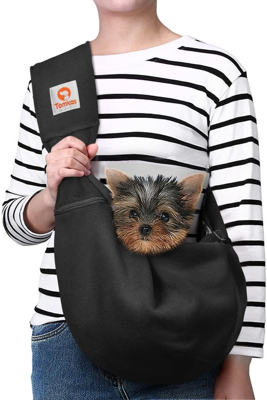 Tomkas Small Dog Sling Carrier - Classic Pocket & Classic Strap - Wrap Carrier - for 3-10 lbs Pets(Black)
