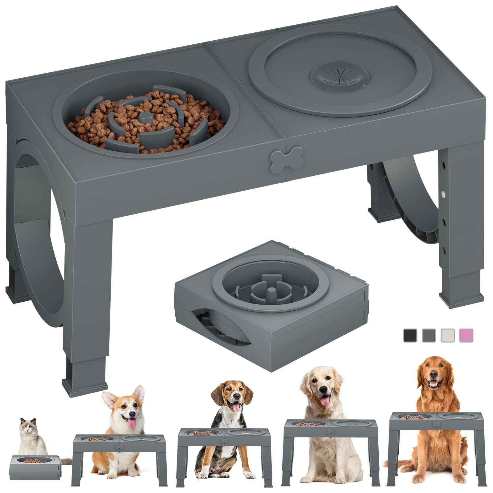 XIAZ Elevated Dog Bowls Large Breed Raised Dogs Bowl Stand Large/Medium Sized Dog Stainless Steel Food Water Bowl Stands 5 Heights Adjustable 9/11/12/14in Black Pet Feeder Dish Station