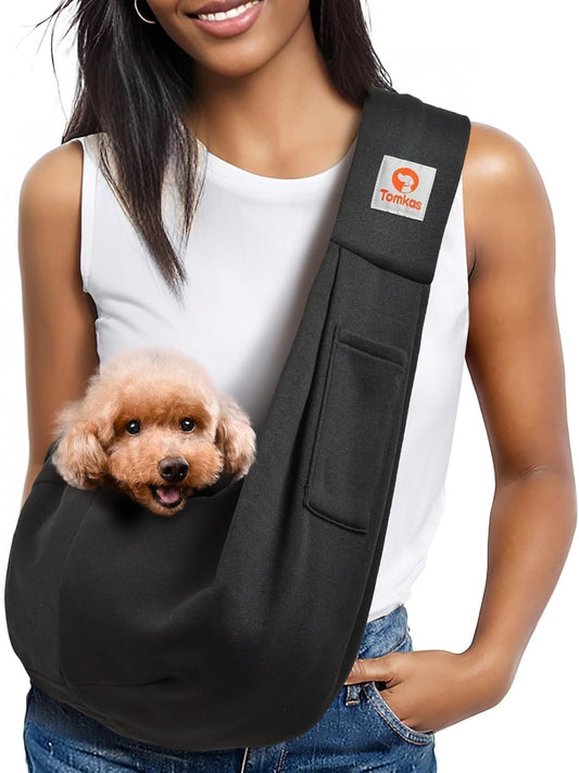 Tomkas Small Dog Sling Carrier - Classic Pocket & Classic Strap - Wrap Carrier - for 3-10 lbs Pets(Black)