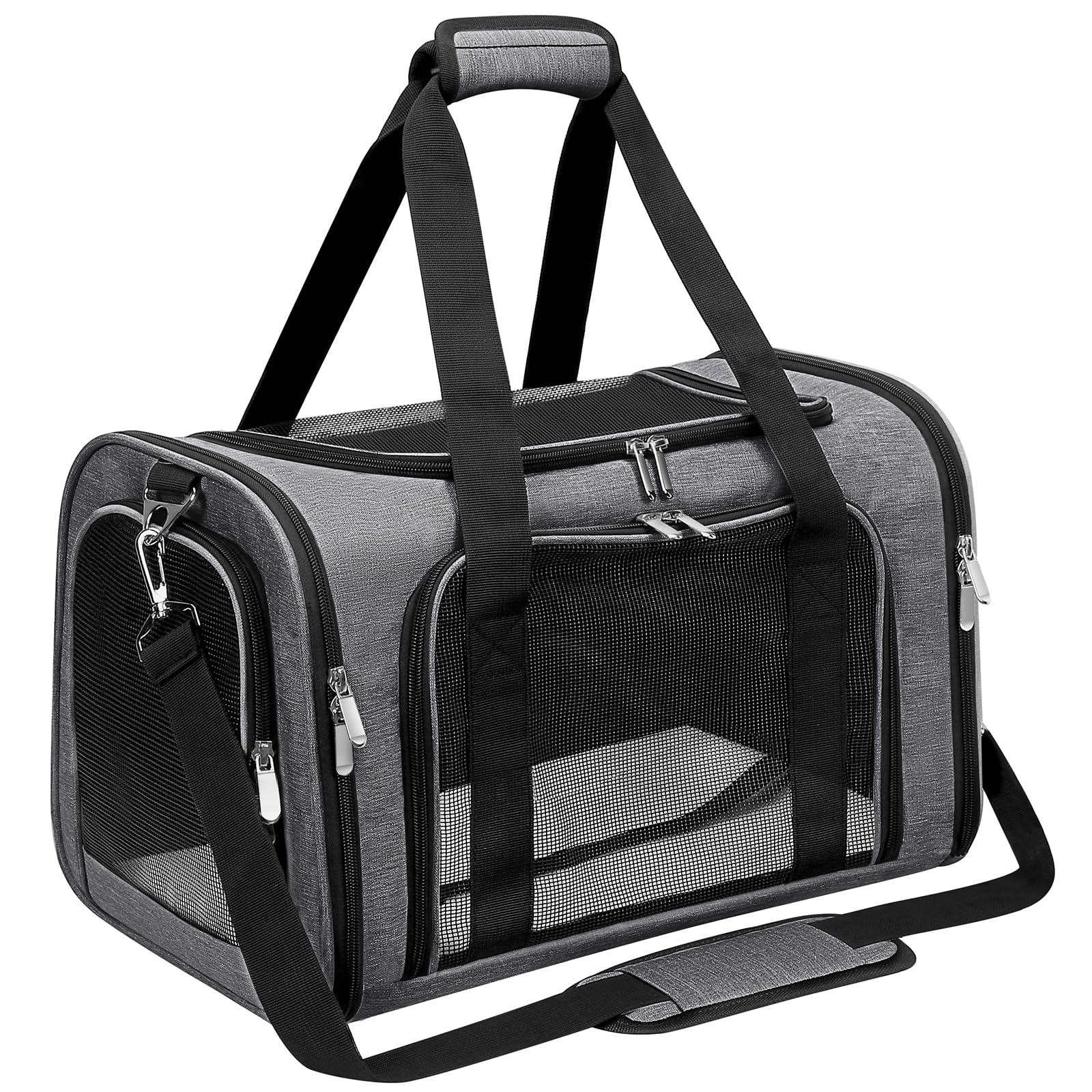 Soft-Sided Cat/Dog/Pet Carrier, Collapsible Pets Travel Carriers for Big Cats/Small Dogs with Shoulder Strap & Removable Mat, Mesh Puppy Carry Bag, Up to 16 Lbs, TSA Airline Approved(Gray)